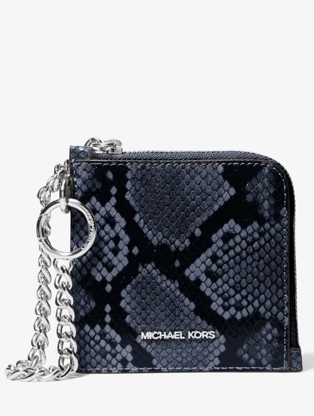 Michael Kors Navy Blue Snakeskin Patent Card Holder Wallet with Chain NWT